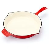 Lava Enameled Cast Iron Ceramic Skillet with Side Drip Spouts - 11 inch Round Frying Pan with White...