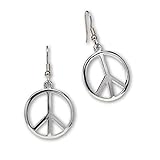 Hippie Peace Sign Dangle Earrings Polished Silver Finish Pewter
