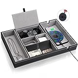 Valet Tray for Men with Wireless Charging Pad: Men's Nightstand Organizer, Leather Mens Dresser...