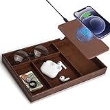 Mens Valet Tray, Nightstand Organizer with Wireless Charger, Leather Desk Drawer Organizer Tray with...