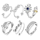 6PCS Anti Anxiety Fidget Ring for Women, Open Adjustable Ring, CZ Cubic Zirconia Diamond Rings,...