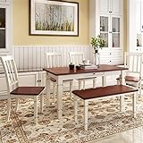 6 Piece Dining Table Set, Wooden Rectangular Dining Table with 4 Chairs and Bench, Kitchen Dining...