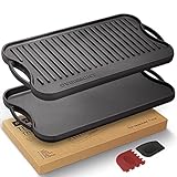 Overmont Pre-seasoned 17x9.8' Cast Iron Reversible Griddle Grill Pan with handles for Gas Stovetop...