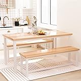LinkRomat Dining Room Table Set with 2 Benches, Farmhouse Dining Table Set for 4, Wood Breakfast...