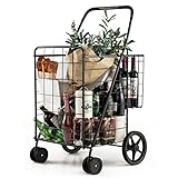 Goplus Jumbo Folding Shopping Cart with Rolling Swivel Wheels, Foldable Grocery Cart on Wheels with...