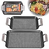 Camerons BBQ Grill Topper Grilling Pans (Set of 2 - Non-Stick Barbecue Trays w Stainless Steel...